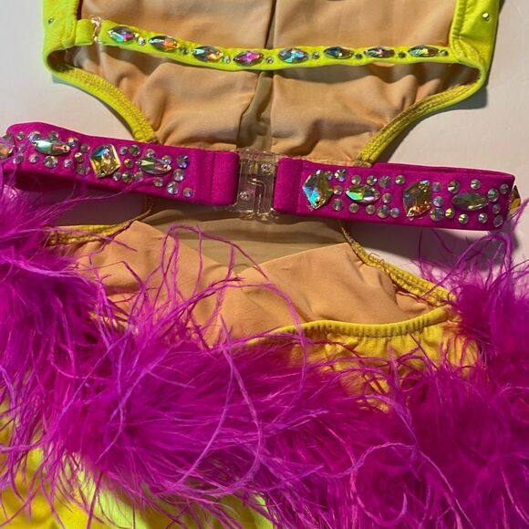 Glamour solo dance costume hot pink neon yellow Feather rhinestone bedazzled LC - Picture 6 of 15